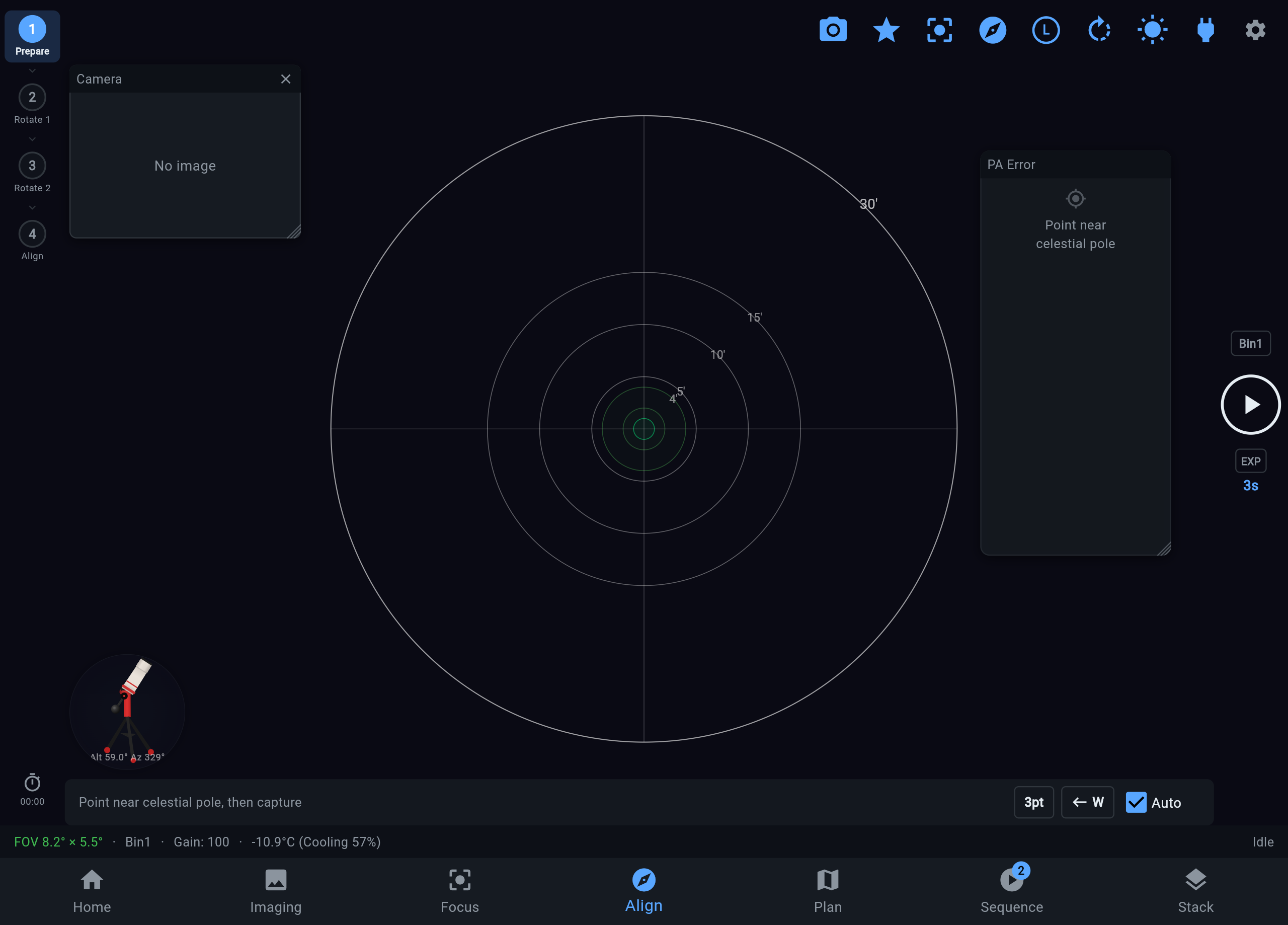 ARIS polar alignment wizard with error readings and polar scope overlay