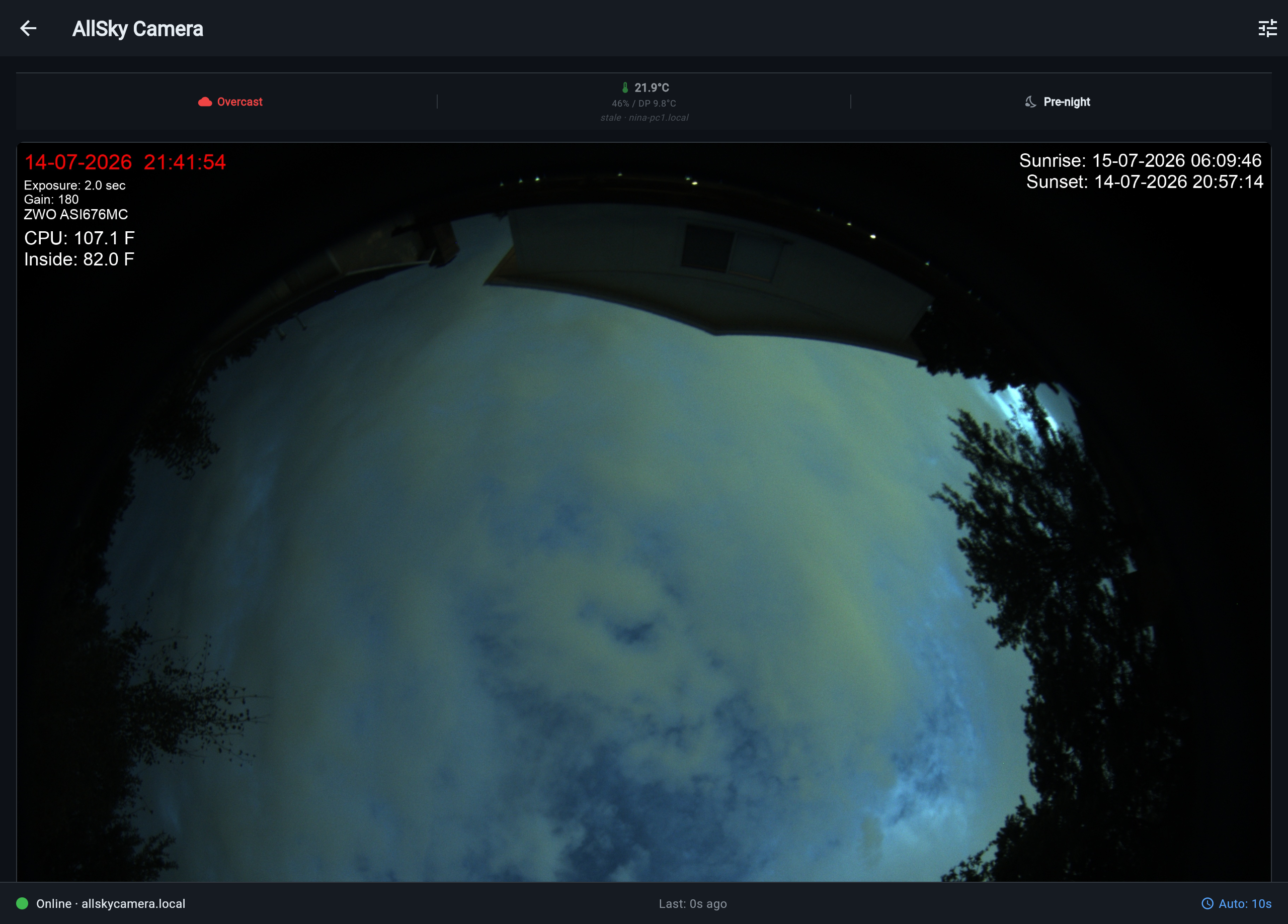 The SkyNode screen live at dusk: a conditions strip up top, the full fisheye frame with its capture overlay, and the connection footer reading Online · allskycamera.local -- no address was ever configured