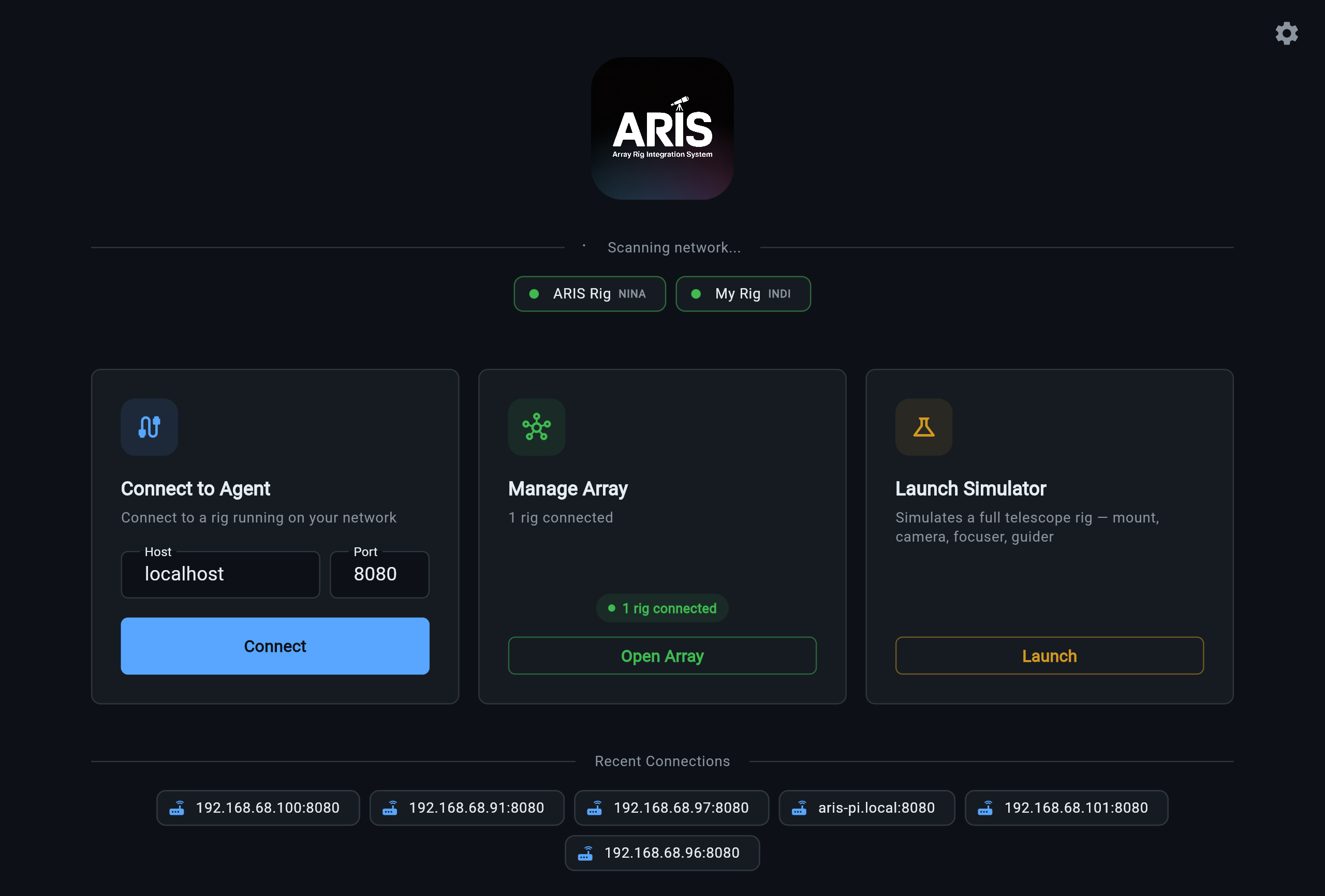 ARIS connection screen showing discovered rigs and simulator launch option