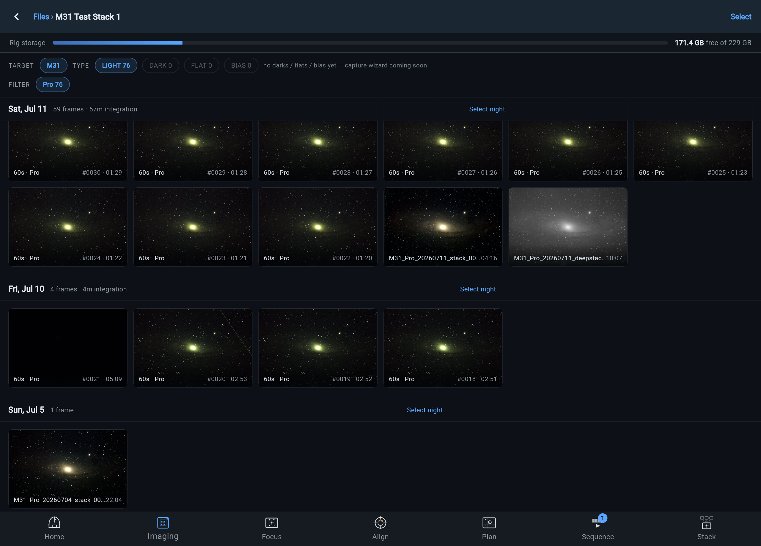 A real M31 target folder the morning after: 60-second subs grouped by night with integration totals, the same-night live stack, and the deeper overnight deepstack master that appeared at 10:07 AM