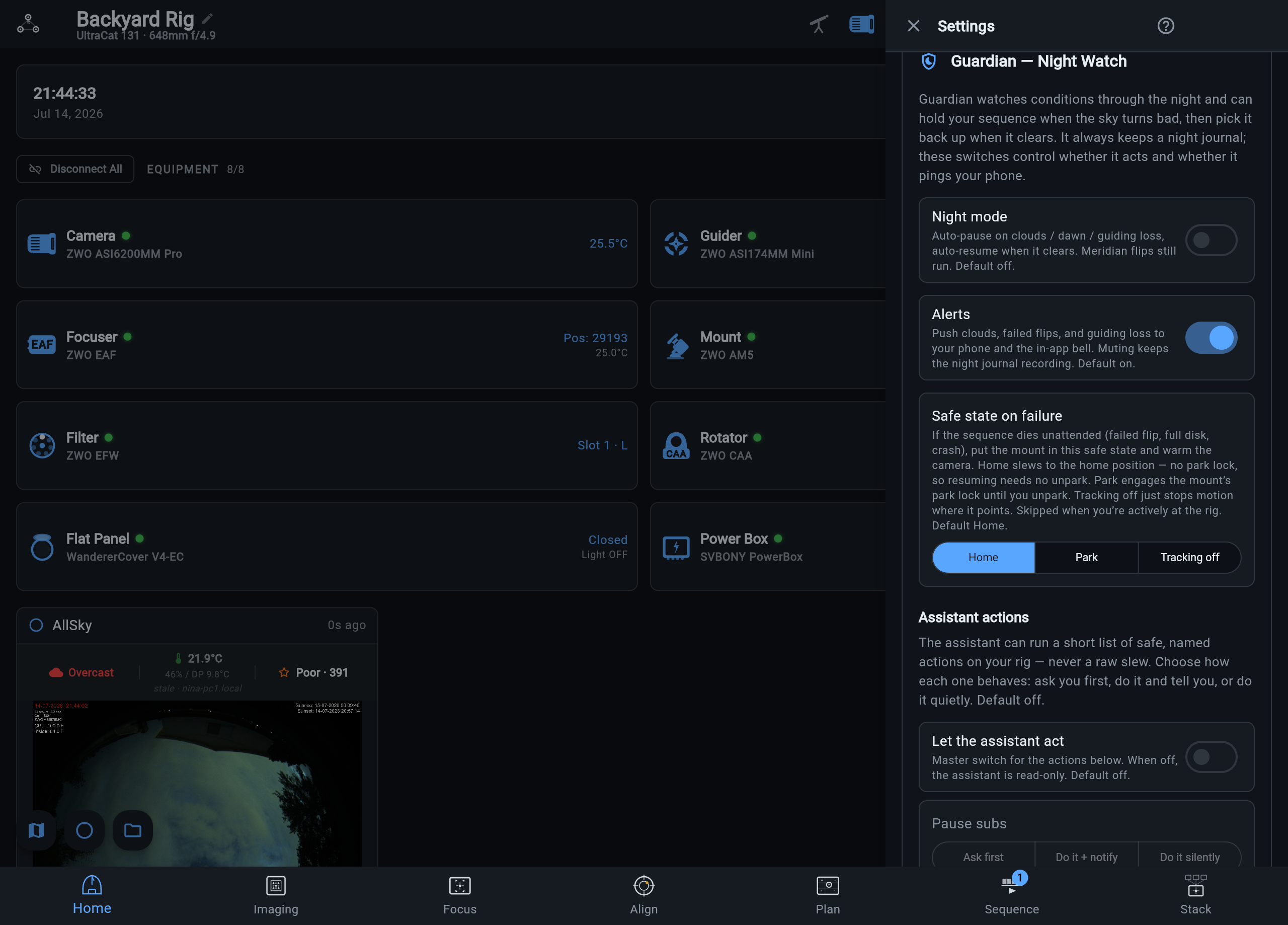 The Guardian card in Settings on a live rig: Night mode and Alerts toggles, the Home / Park / Tracking off safe-state selector, and the GUPPI-actions playbook switches below