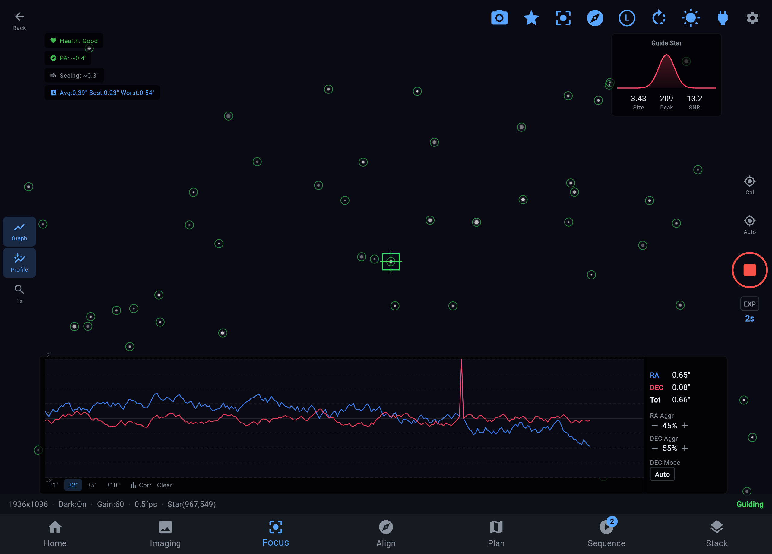 ARIS guiding screen with guide camera view, star selection, and guide graph