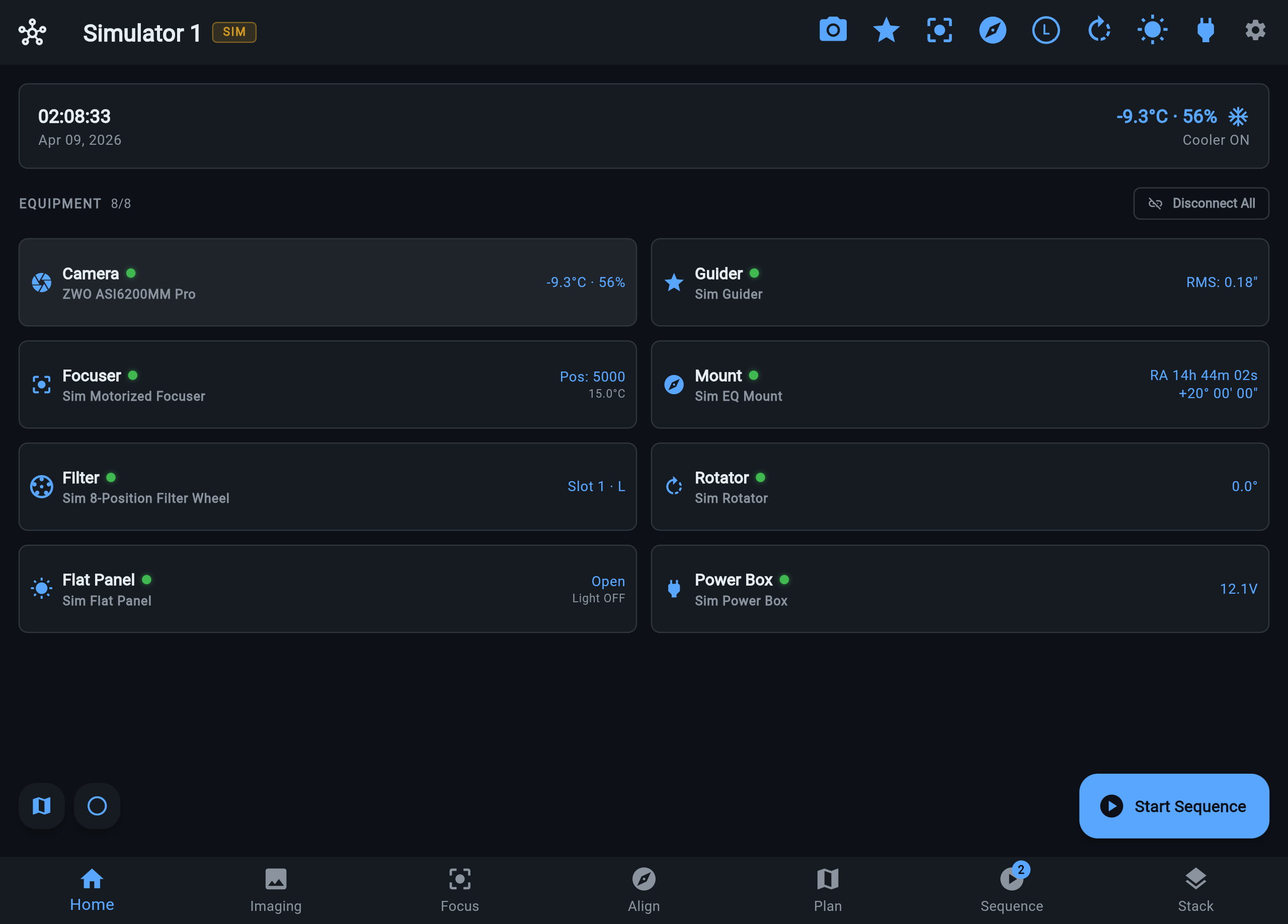 Home dashboard showing all eight simulated devices connected