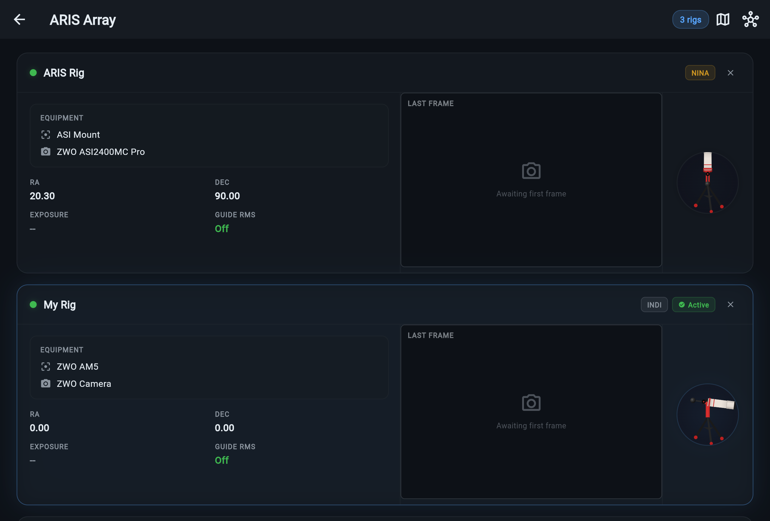 ARIS Array view showing multiple rigs with equipment, coordinates, and last frame
