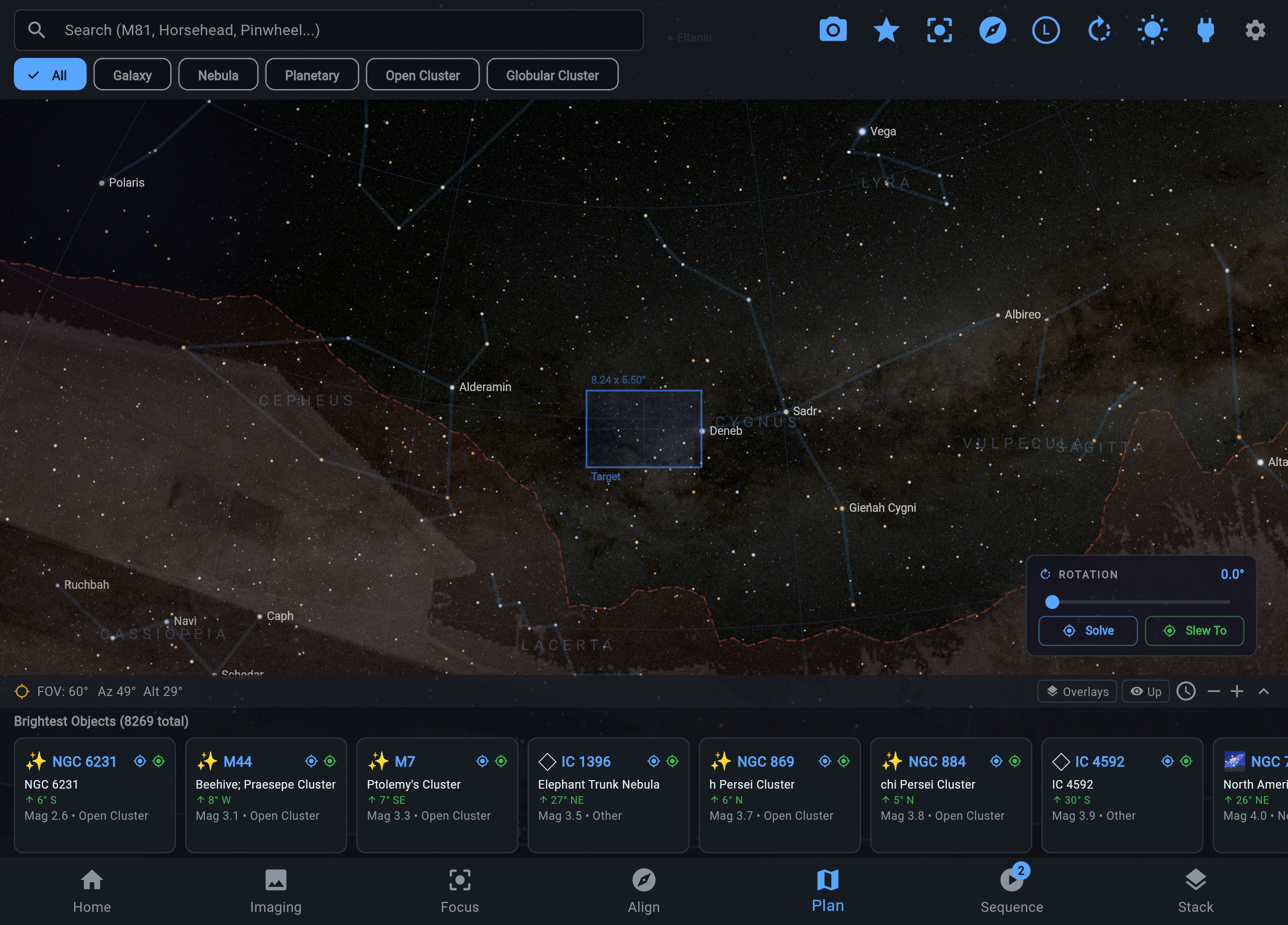 ARIS sky atlas with deep-sky objects, constellations, and Milky Way