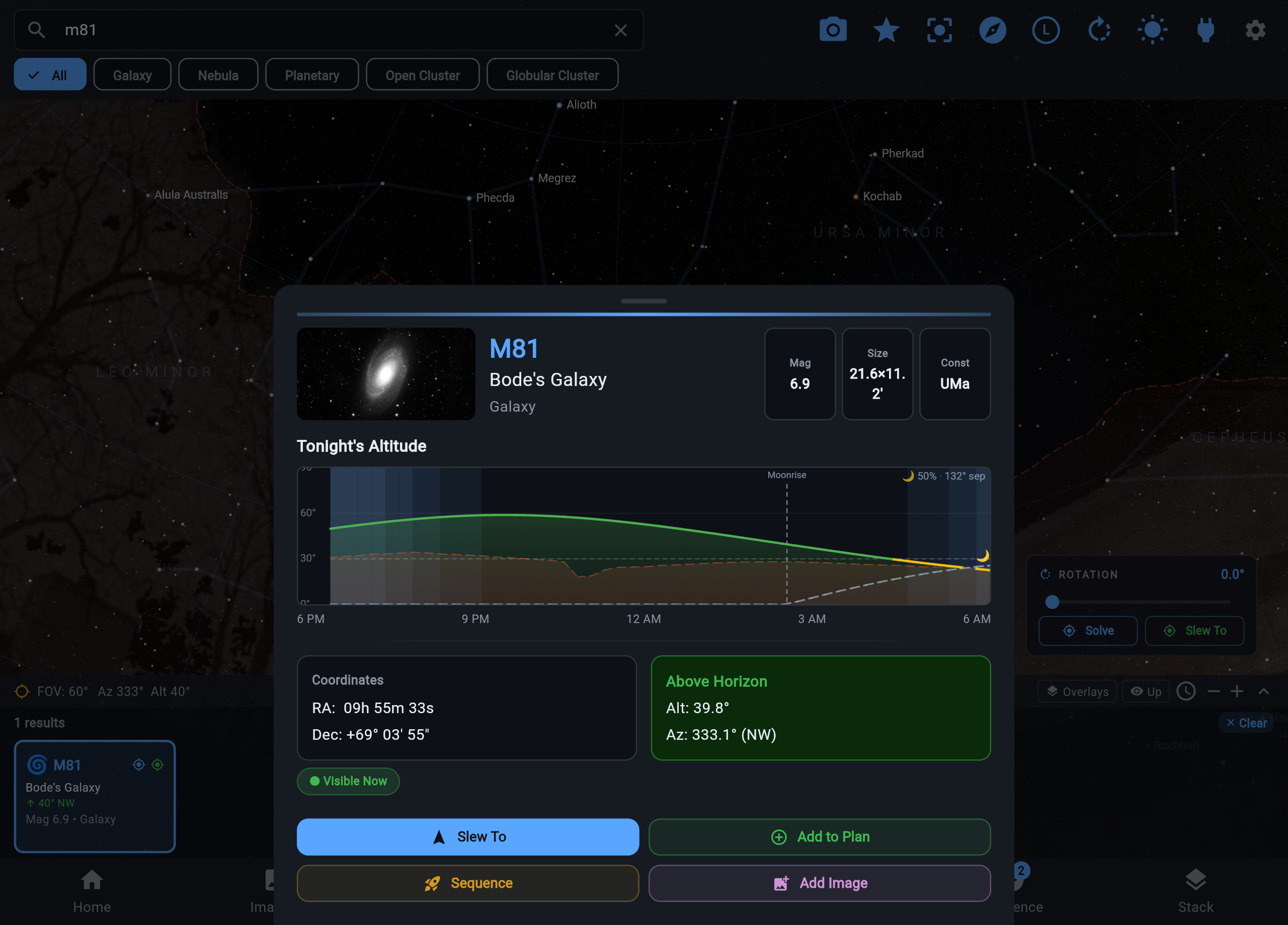 ARIS target detail card with altitude chart, coordinates, and action buttons