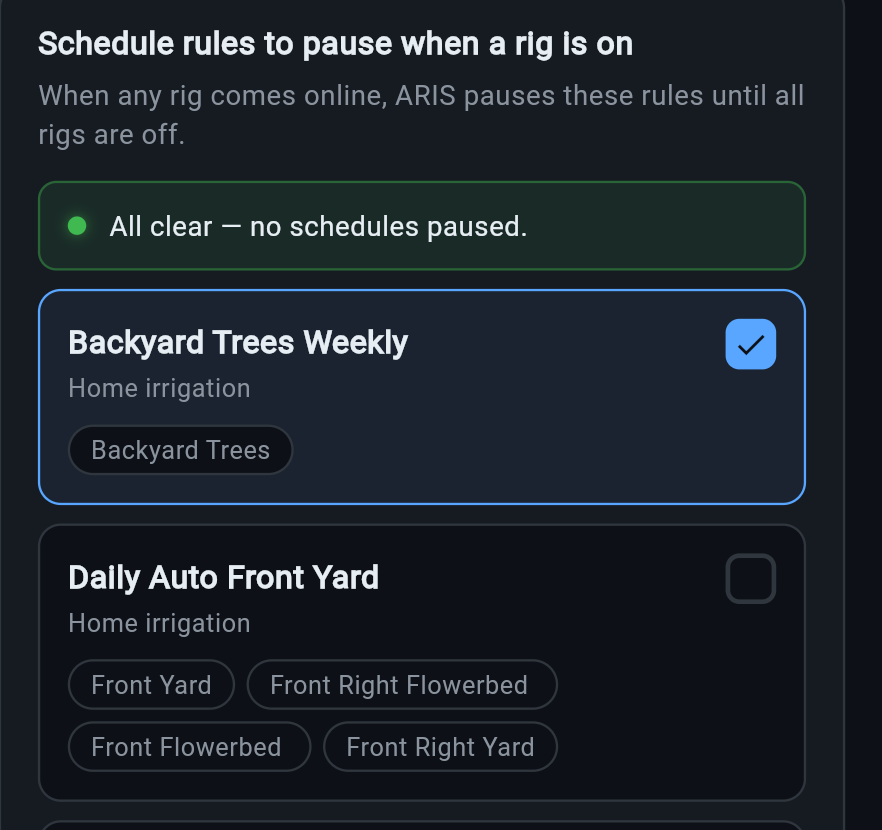 The schedule picker with a green All clear status banner, then rule cards: Backyard Trees Weekly is ticked to pause while Daily Auto Front Yard is left unticked with its front-yard zone chips, so the front keeps watering while the backyard rig area stands down