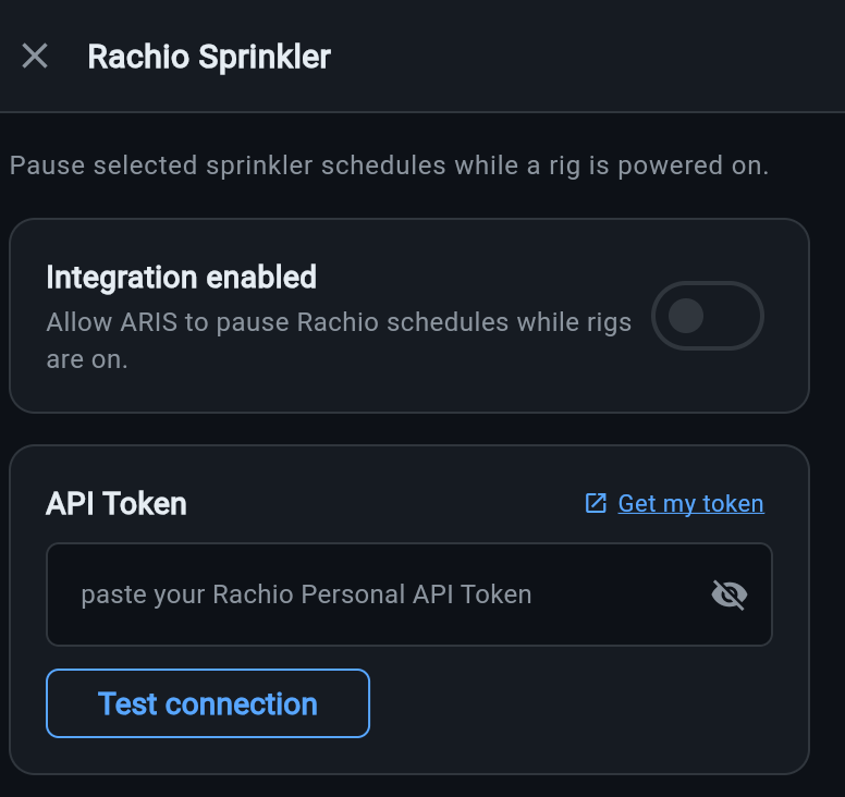 The top of the Rachio Sprinkler screen in ARIS Settings: an Integration enabled toggle, then the API Token card with a Get my token link, a masked token field, and a Test connection button