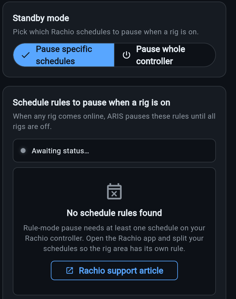 The Standby mode selector set to Pause specific schedules, with Pause whole controller as the alternative, above the Schedule rules section listing which rules pause when a rig is on