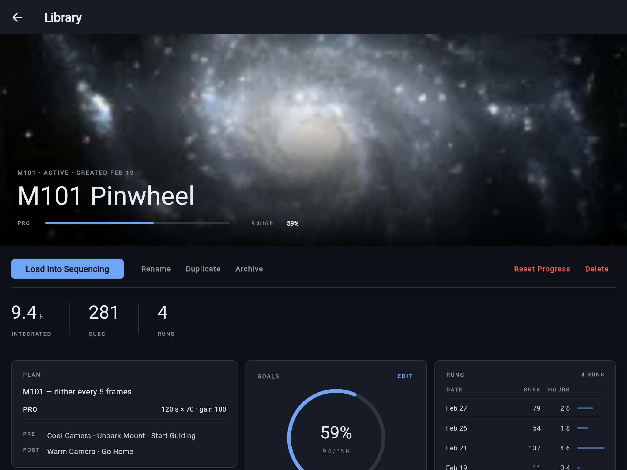 A Sequence Library entry's detail view: the overall goals arc, per-filter hour meters, the saved plan summary, and the run ledger listing each night's frames and integration