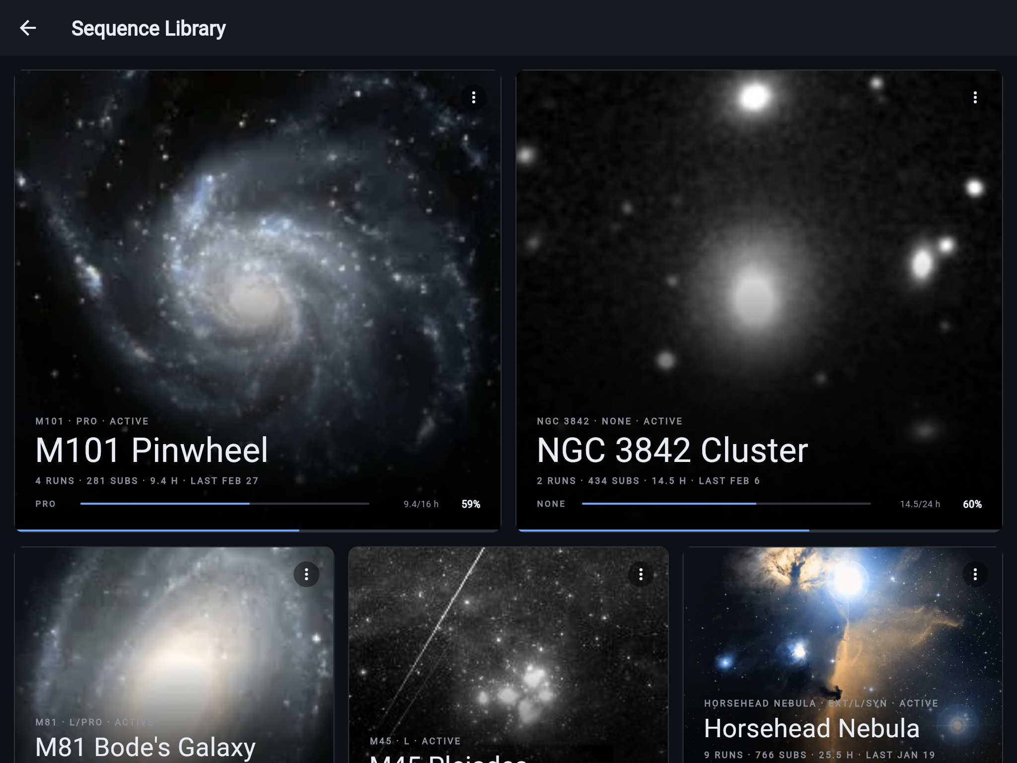 The Sequence Library gallery: photo-first tiles with per-filter progress meters and an overall progress underline on each tile
