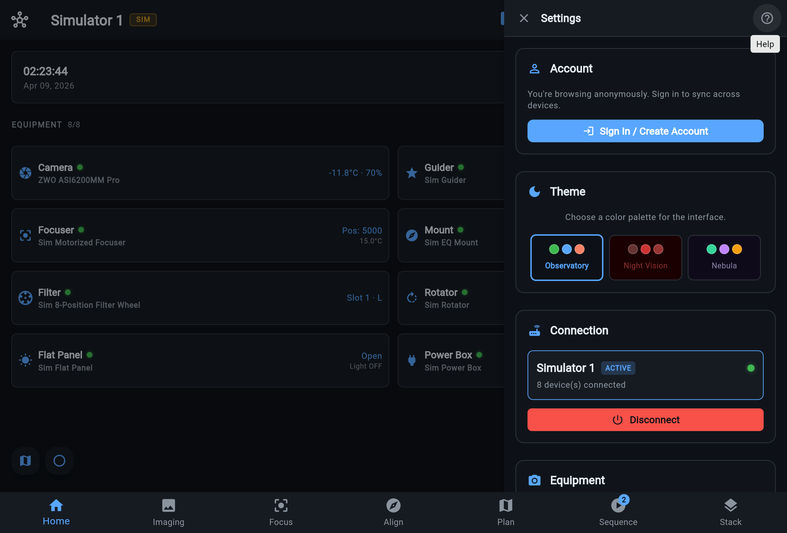 ARIS settings screen with account, theme, and configuration options