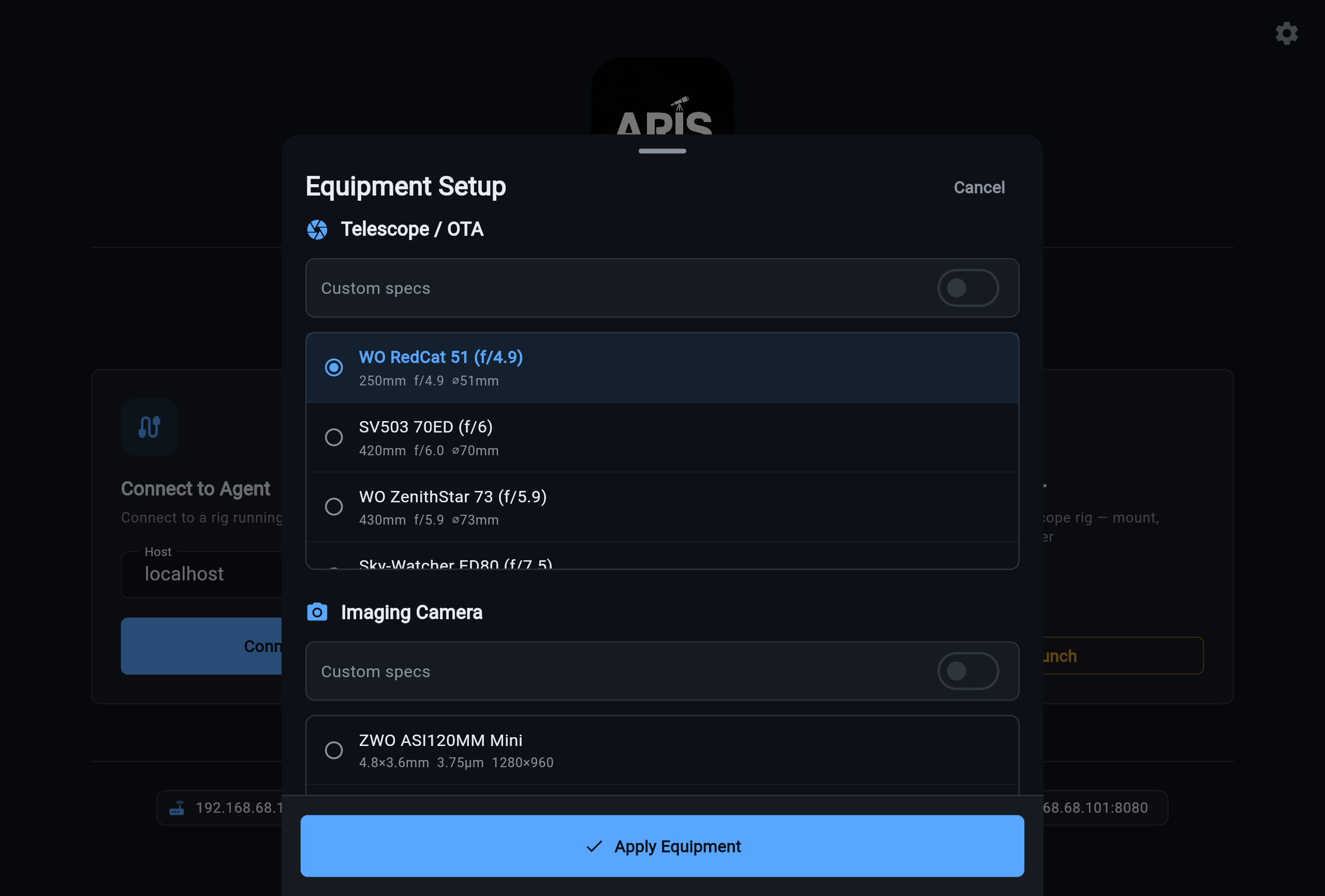 Equipment setup dialog with telescope and camera selection