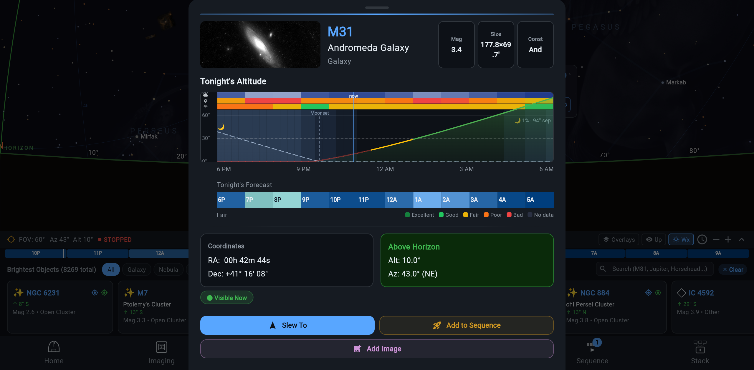 A target's detail sheet on a live rig: the forecast bands ride above tonight's altitude curve, and the hourly strip below grades the night from Excellent to Bad — here an overcast evening clearing after midnight, with moonset marked